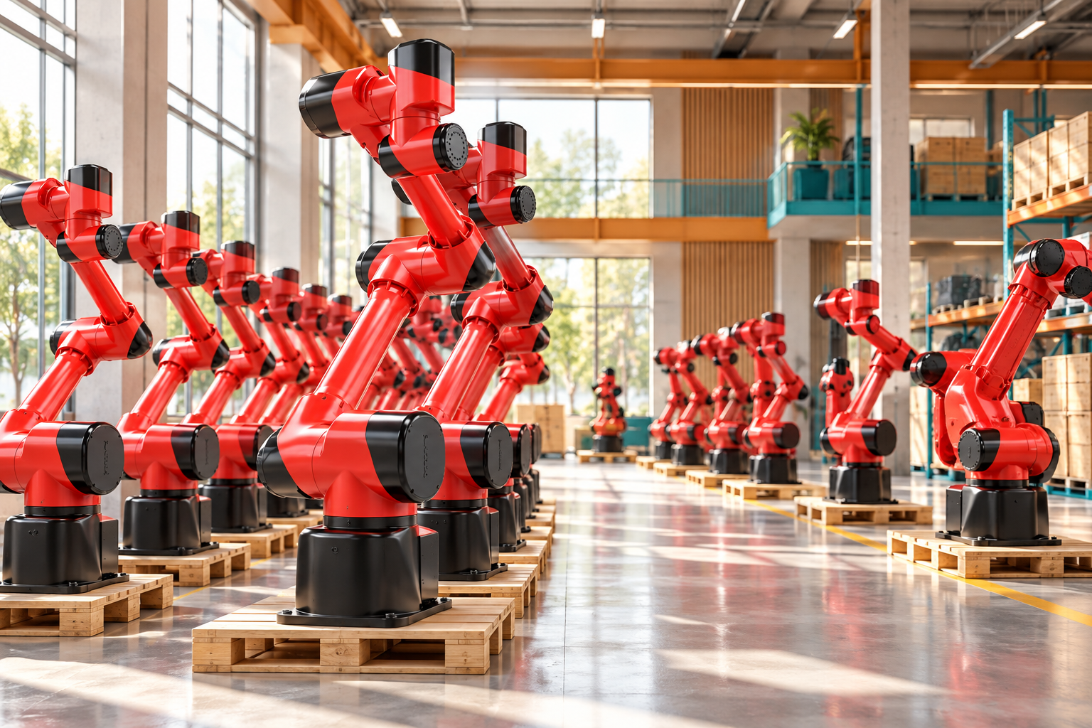 Red industrial robots in a bright RUNN ELECTRIC storage area